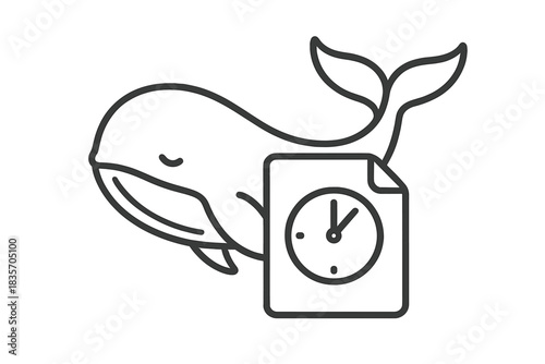 Seabound Timeface Icons. Line style vector icons of seabound page timeface: gentle whale pose, curved fluke tip, page-like panel,