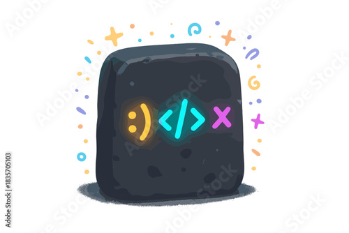 Magical Code Tablet. A miniature basalt tablet with glowing happy code symbols, little doodle sparks around, friendly magical