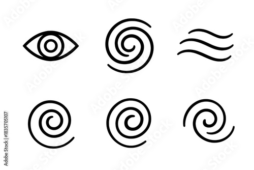 Cyclone Eye Iconography. Line style vector icons of gaze cyclone spiral: sharp eye contour, iris ring hint, rotating cyclone curl,