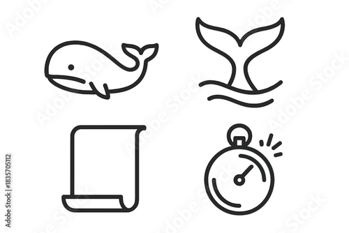 Ocean Timer Icons. Line style vector icons of ocean parchment timer: sleek whale form, lifted fluke arc, parchment page shape,