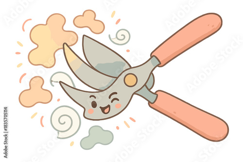 Cheerful Pruning Shears. A playful pruning shear with a winking face, trimming away abstract "wasted time" shapes, soft harmonious