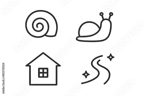 Gastropod Home Vector Icons. Line style vector icons of gastropod home track: rounded gastropod shell, soft body arc, cozy home