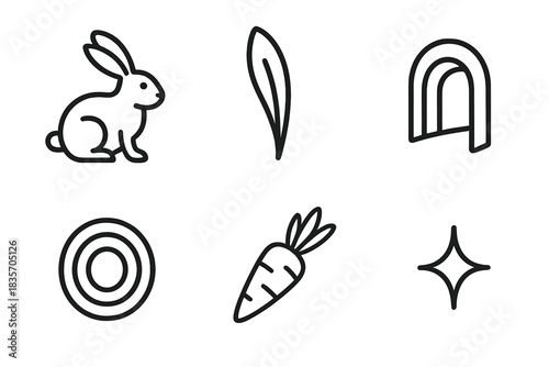 Hare and Carrot Icons. Line style vector icons of harehollow carrotline: hare contour, ear ridge, hollow-like portal, compact