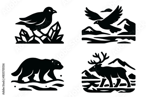 Arctic Animal Icons. Icons for: a bird trekking across crystal terrain, a flier roaming frozen territory, a creature pacing
