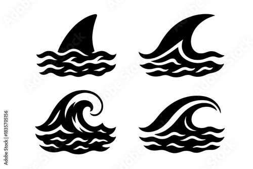 Oceanic Icons. Icons for: a fin slicing through restless water, a curved marine edge cutting turbulent tides, a swift crest