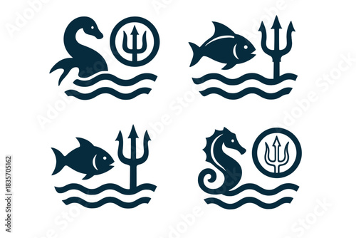 Ocean Harmony Symbols. Icons for: water motion uniting beast and symbol, ocean rhythm linking fin and trident, tidal flow pairing