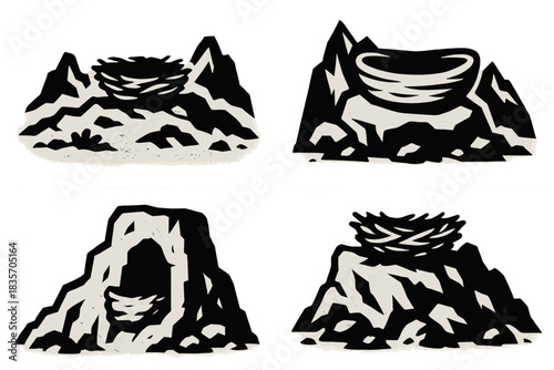 Rugged Nest Icons. Icons for: a rough nest set in harsh terrain, a rugged cradle formed on uneven rock, a coarse home carved into