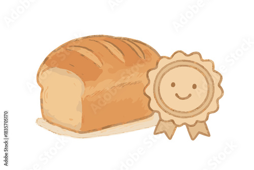 Smiling Bread Seal. A loaf of bread with a friendly "historical accuracy" seal, smiling gently, soft harmonious doodle colors, No