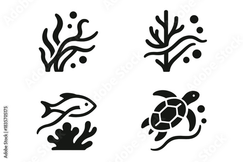 Flowing Marine Dance. Icons for: movement weaving through coral and bubbles, drift flowing between branches and orbs, a gentle