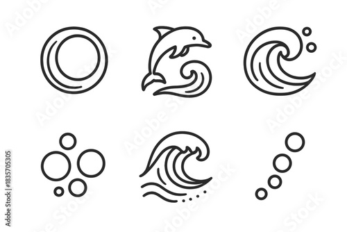 Tide Loop Icons. Line vector icons of Tide Loop Spirit: tide ring, dolphin sweep, rolling current, foam dot, crest line, bubble