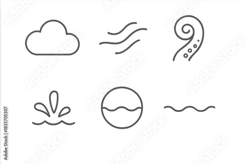 Marine Cloud Icons. Line vector icons of Marine Cloud Burst: cloud puff, drifting vapor, tentacle curve, subtle splash, tide bead,