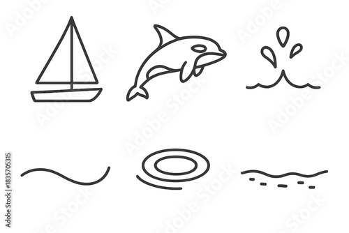 Sailwater Orca Scene. Line vector icons of Sailwater Orca Scene: sail outline, orca glide, long water trail, splash mote, calm