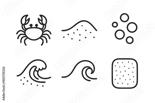 Coastal Sand Crawler Icons. Line vector icons of Coastal Sand Crawler: crawler crab, sandy ridge, bubble dot, foam crest, wave