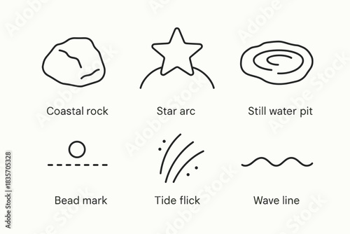 Coastal Pool Vectors. Line vector icons of Coastal Pool Star: coastal rock, star arc, still water pit, bead mark, tide flick, wave