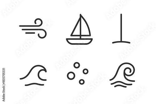 Windborne Vessel Icons. Line vector icons of Windborne Sail Vessel: wind sweep, vessel outline, upright mast, tide flick, foam dot