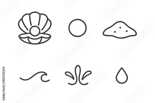 Beach Pearl Icons. Line vector icons of Beach Pearl Cradle: cradle shell, smooth orb, soft sand bed, wave bead, splash point, tiny