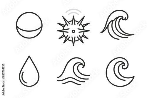 Subsea Orb Icon. Line vector icons of Subsea Spine Orb: orb shape, subsea spines, faint purple signal, crest stroke, droplet bead,