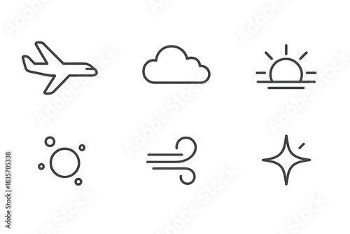 Aerial Dusk Icons. Line vector icons of Aerial Dusk Flight: flight outline, dusk cloud, fading sun, light mote, breeze curl, sky