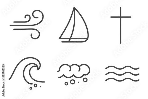 Sailing Vector Icons. Line vector icons of Wind Sail Passage: wind mark, sail outline, mast line, crest bead, foam point, ripple