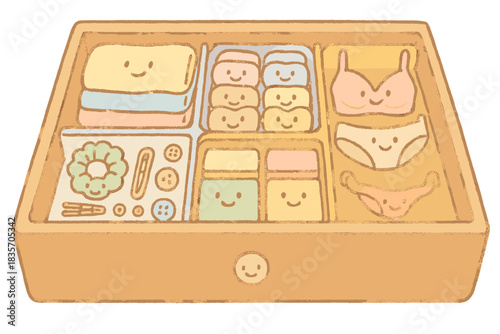 Cheerful Drawer Compartments. A cheerful neatly organized drawer with smiling labeled compartments, soft pastel doodle style, No