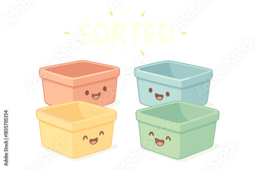 Organized Pastel Compartments. A glowing "sorted" label hovering above joyful compartments, gentle pastel accents, No text, No