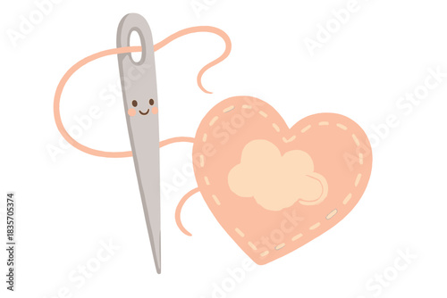 Happy Needle Sewing. A cute needle with a happy expression sewing a tiny "forgotten moment" patch, soft harmonious pastel palette,