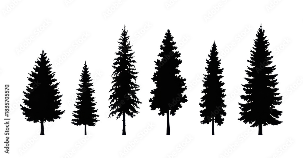 Obraz premium Set of tree silhouettes of different types and shapes isolated on white background. Illustration. 