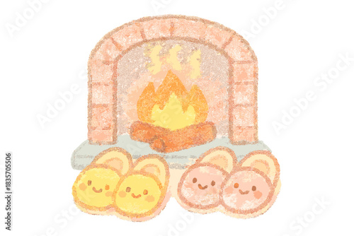 Cozy Slipper Warmth. A cheerful pair of slippers warming by a cozy fireplace, soft pastel doodle style, No text, No labels,