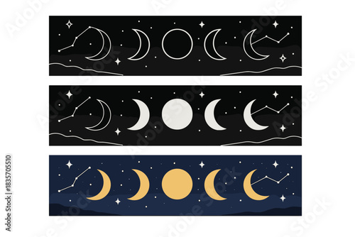 Phases of Luna. Night sky horizon, moon phases, connecting stars, first in line style with thin outline, second in solid style