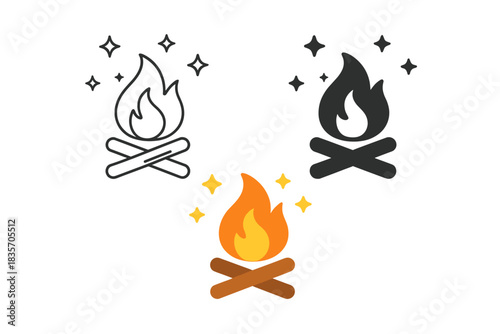 Bonfire Under Starry Night. A bonfire, a pair of logs, a starry night sky, first in line style with thin outline, second in solid