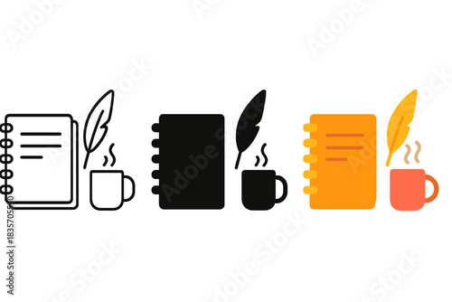 Artistic Writing Essentials. Notebook, quill, steaming mug, first in line style with thin outline, second in solid style filled