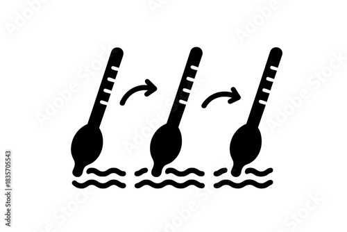 Hydrometer Dance Icons. Solid style icon of multiple hydrometers in a sequence showing motion, representing proofing hydrometer