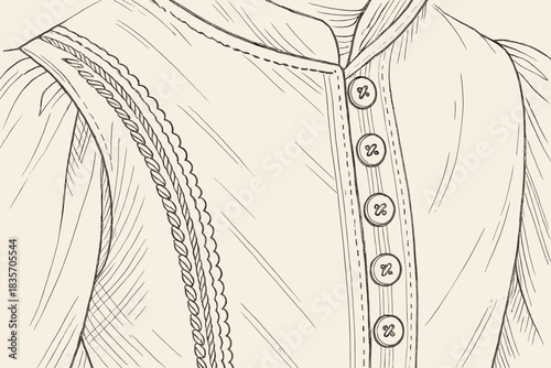 Intricate Sewing Techniques. Close-up of period costume detail showing precise stitching technique with vintage thread, first in