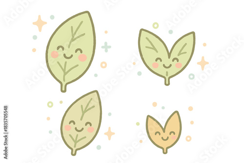 Cheerful Leaf Ranking. A tiny "tea leaf grade" ranking system with cheerful leaves, cozy pastel doodle colors, No text, No labels,