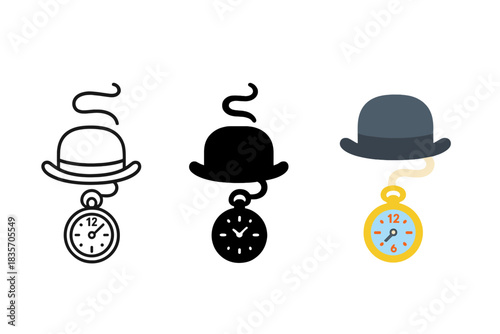 Stylish Layered Chronology. Bowler hat, curling smoke, pocket watch, first in line style with thin outline, second in solid style