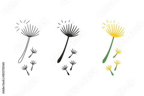 Thistle Art Styles. Thistle stalk, scattering down, sunlight glint, first in line style with thin outline, second in solid style