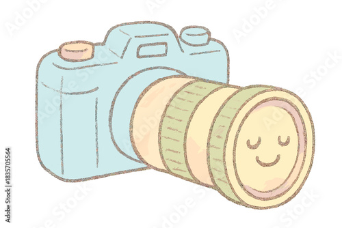 Cheerful Camera Lens. A cheerful camera with a smiling "respectful distance" zoom lens, soft pastel doodle style, No text, No