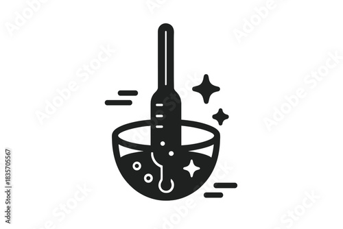 Hydrometer Dance. Solid style icon of a hydrometer with small motion lines and sparkling liquid, representing proofing hydrometer