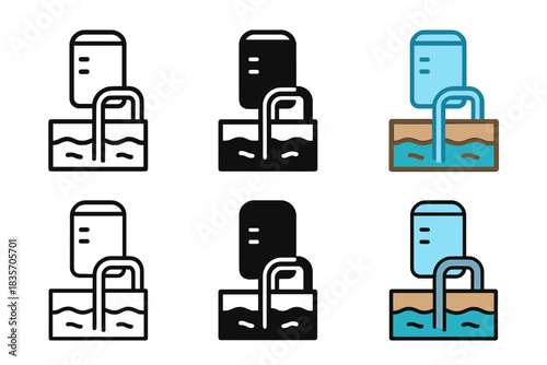 Groundwater Extraction Icons. Groundwater extraction system with tube and collection tank, simple minimal vector icon, first in