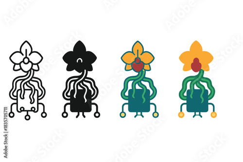 Orchid Memory Nodes. Parasitic orchid with roots entwined around glowing memory nodes, minimal vector icon, first in line style