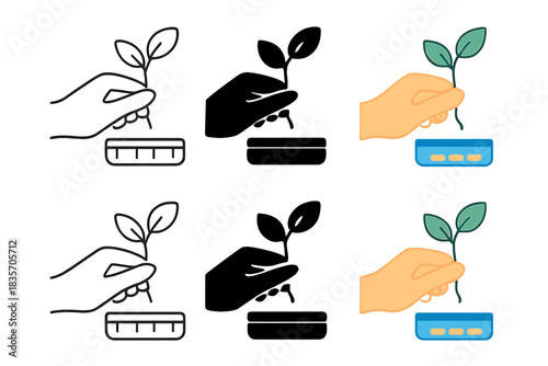 Diverse Plant Styles. Hand holding plant specimen over test tray, abstract minimal vector design, first in line style with thin