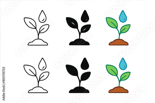 Minimal Plant Icons. Series of small plant tests with drops and subtle markings, clean minimal vector icon, first in line style