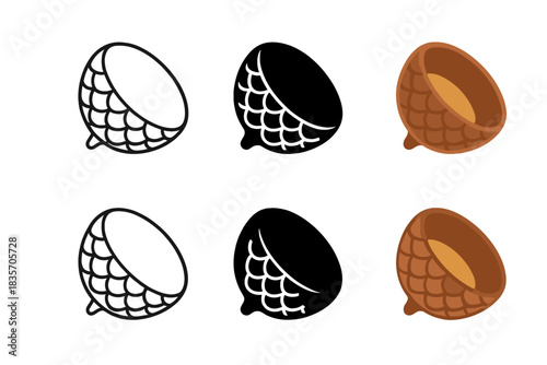 Stylized Acorn Caps. Acorn cap cup angled to show hollow interior and fine texture, minimal vector design, first in line style