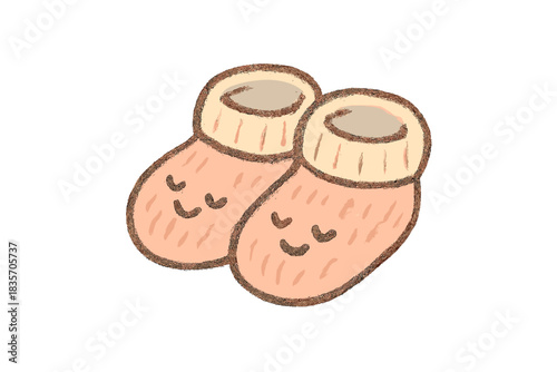 Happy Slipper Doodles. A tiny "hygiene" symbol of knitted slippers with happy faces, cozy pastel doodle colors, No text, No labels