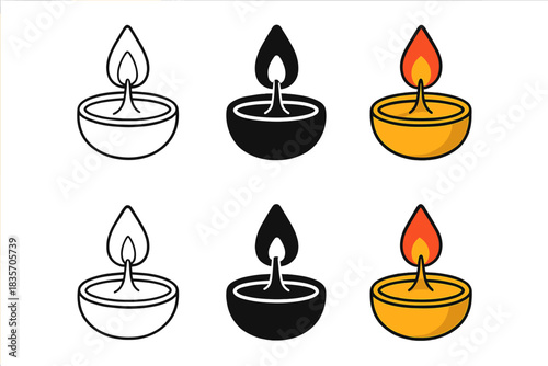 Oil Lamp Styles. Close-up of lit wick inside small oil lamp, minimal vector design, first in line style with thin outline, second