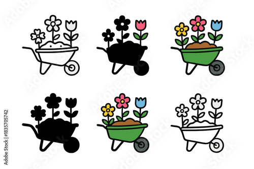 Colorful Wheelbarrow Garden. Wheelbarrow garden with mixed flowers and soil visible, clean geometric minimal icon, first in line