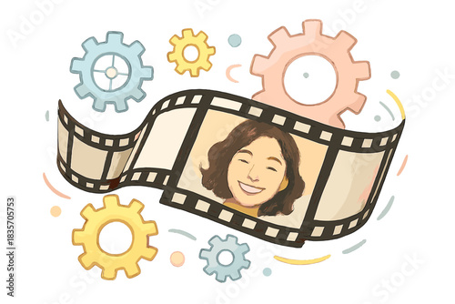 Photograph in Clockwork Gears. A smiling photograph reel floating through playful clockwork gears, gentle pastel accents, No text,