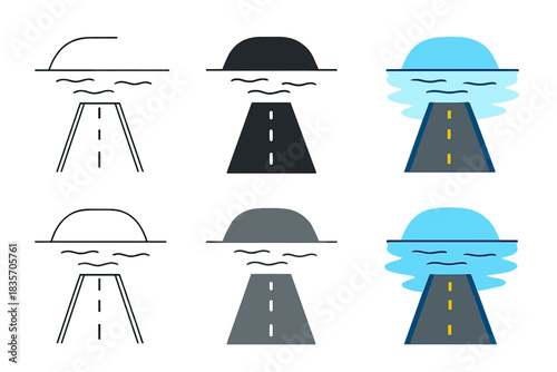 Flooded Road Minimalism. Flooded road disappearing into serene lake with subtle ripples, abstract minimal vector design, first in
