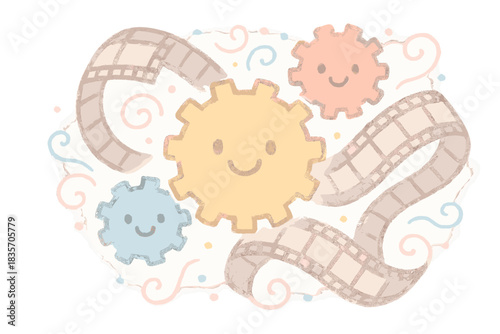Cheerful Clockwork Gears. A cheerful clockwork mechanism with smiling gears turning fading photograph reels, soft pastel doodle