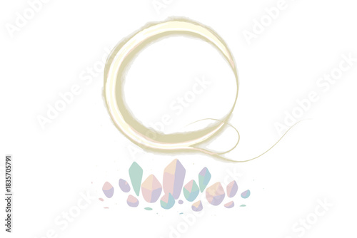 Floating Glowing Thread. A glowing hush thread floating above tiny joyful crystals, gentle pastel accents, No text, No labels,